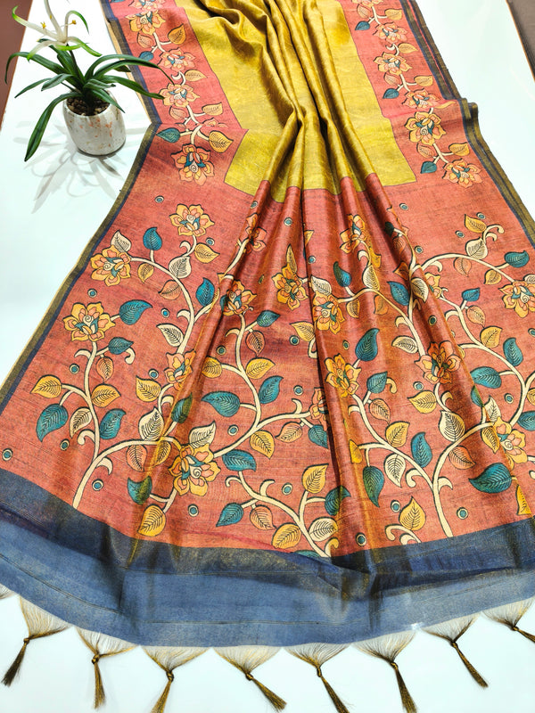 Tissue Tussar Zari Flower Pallu Saree - YELLOW