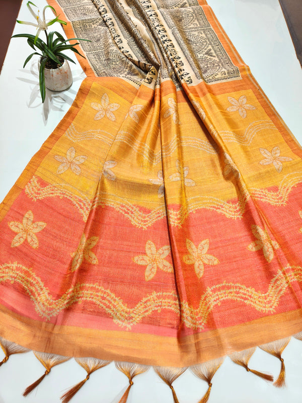 Tissue Zari Saree With Print Warli  - ORANGE-RED