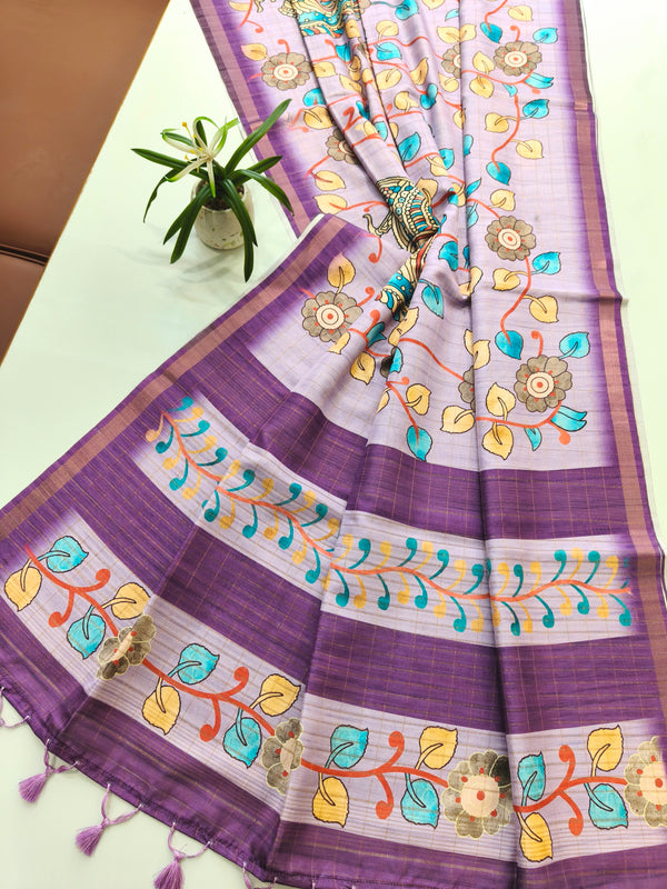 Soft Tussar Checks Kalamkari Silk Saree - PURPLE