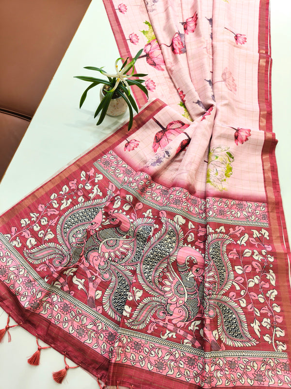 Soft Tussar Checks Saree With Kalamkari Print Saree - PINK