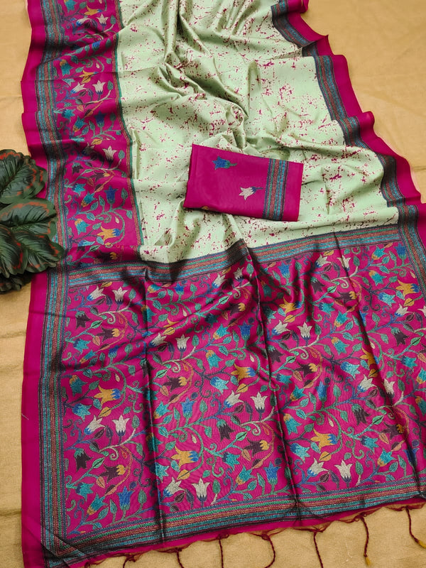 Soft Tussar Silk Saree with beautiful floral print - PINK