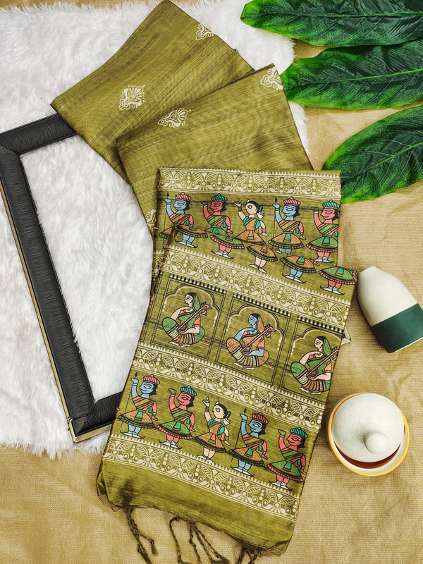 Madhubani Printed Saree - MEHNDI