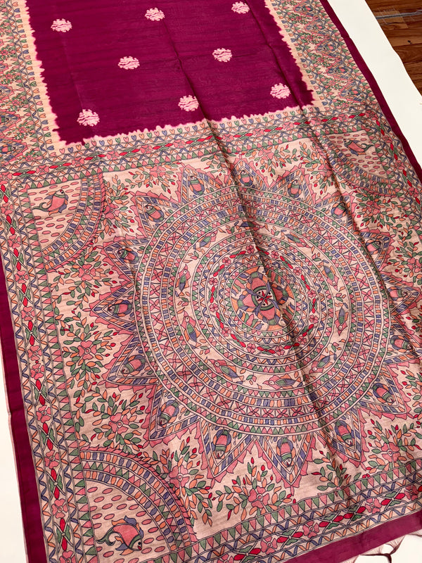 Tussar Silk Madhubani 101 - PINK