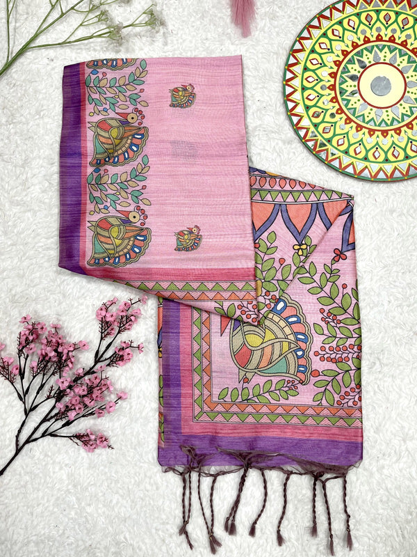 Tussar Silk Madhubani Print Saree - PINK