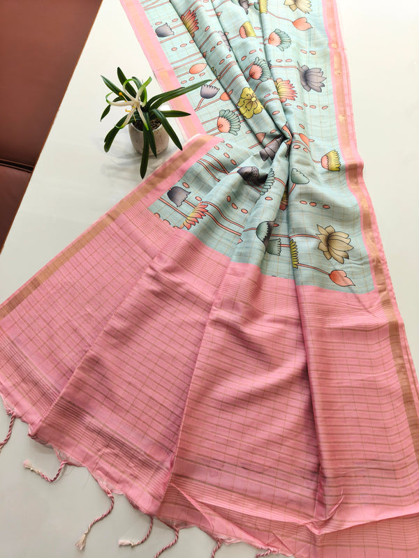 Soft Tussar Check Silk Saree - PEACH