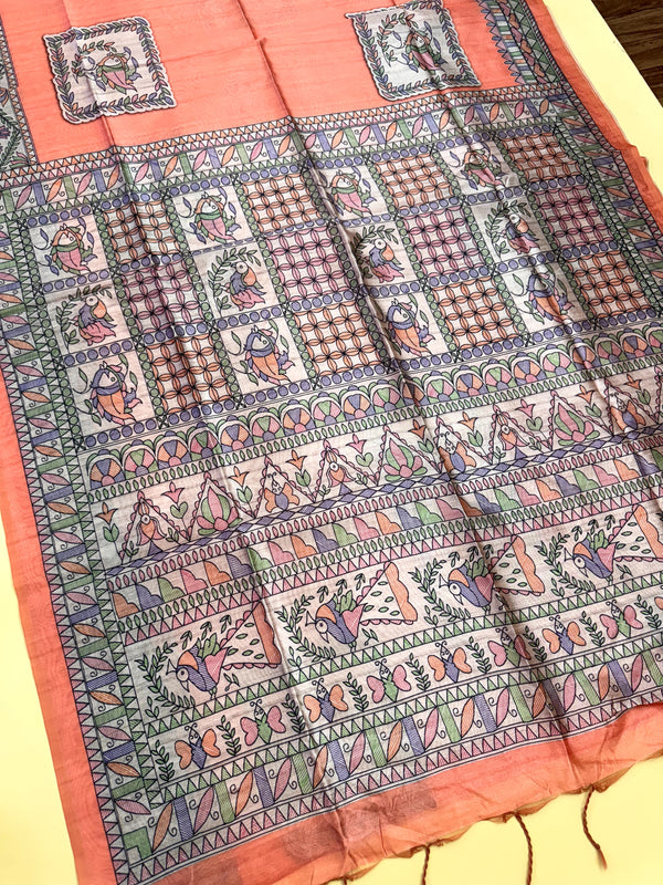 Tussar Silk Madhubani 102 - ORANGE