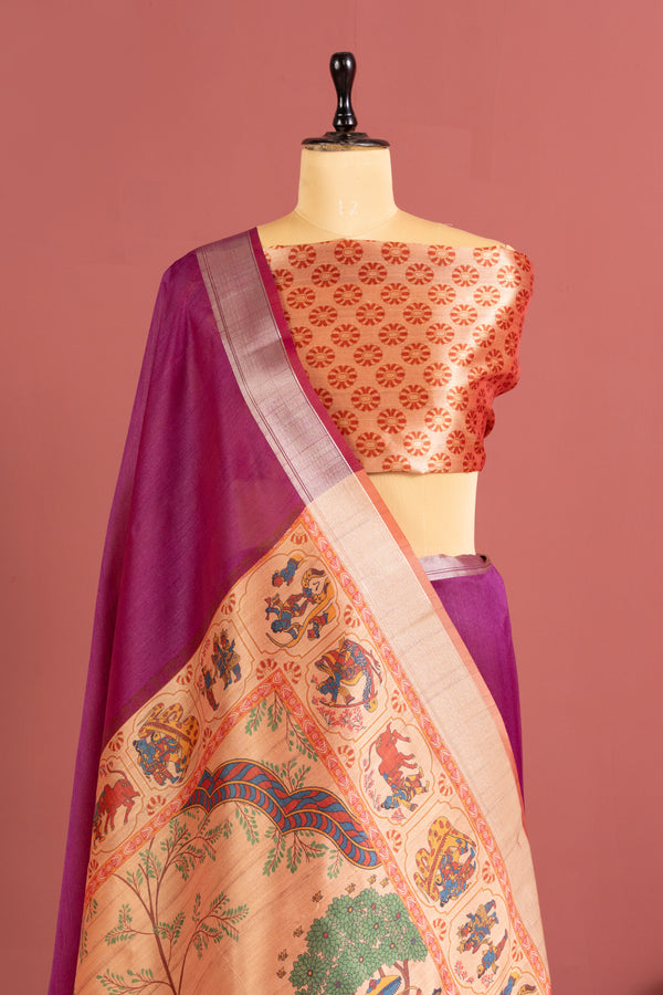 Soft Raw Silk Kalamkari Printed Pallu - MAGENTA PINK