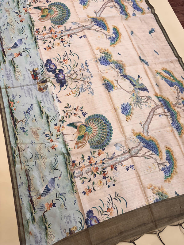 Mallai Silk Peacock Floral Print Saree - MEHNDI