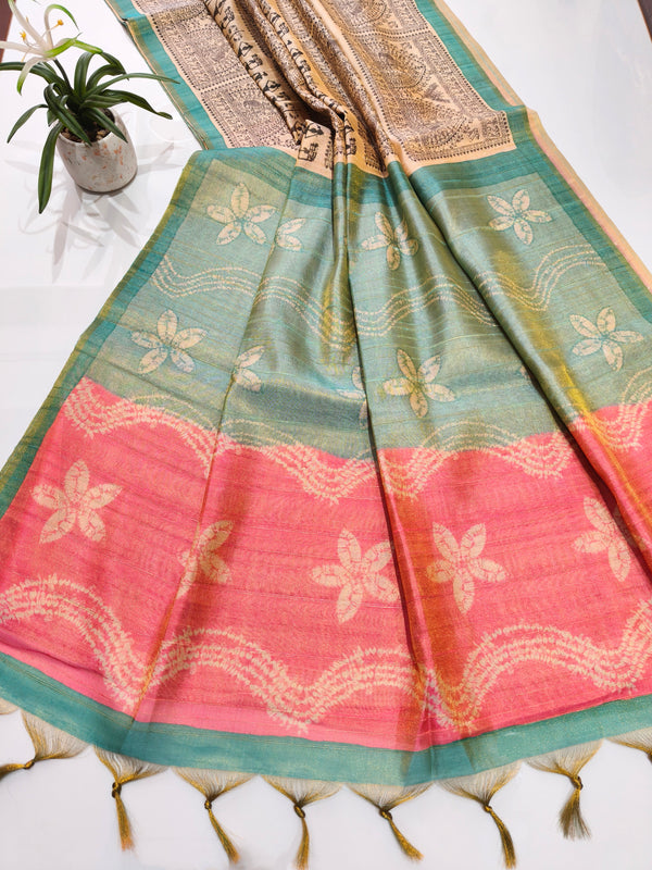 Tissue Zari Saree With Print Warli - SKY-PINK