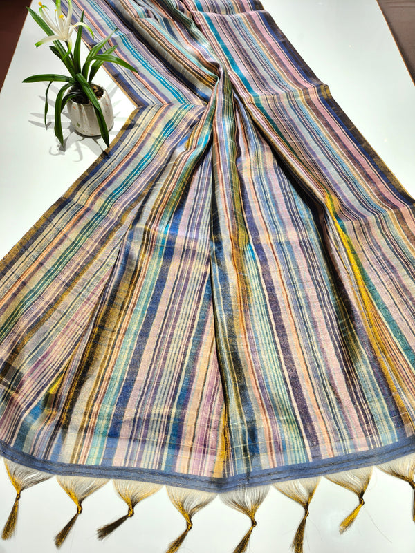 Tissue Tussar Zari Multicolor Saree - BLUE