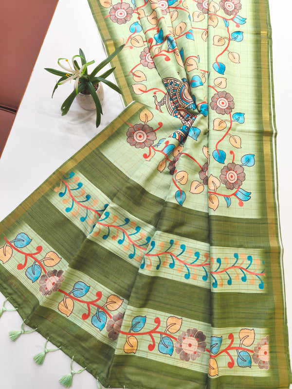 Soft Tussar Checks Kalamkari Silk Saree - MEHNDI
