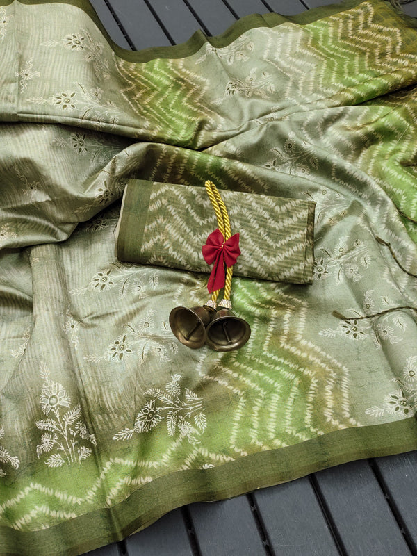 Soft Tussar Silk Saree with floral print - MAHENDI