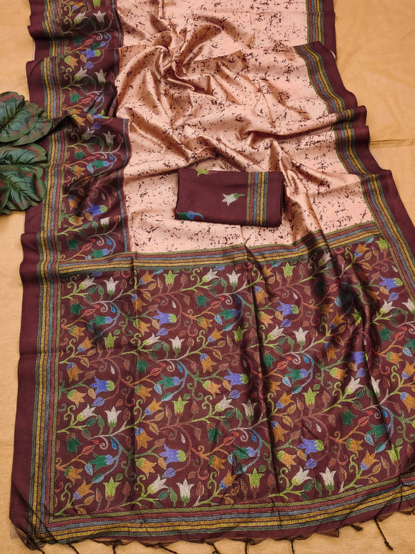 Soft Tussar Silk Saree with beautiful floral print - COFFEE