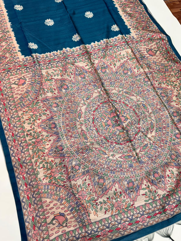 Tussar Silk Madhubani 101 - BLUE