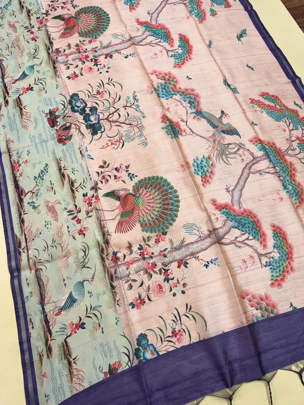 Mallai Silk Peacock Floral Print Saree - PURPLE