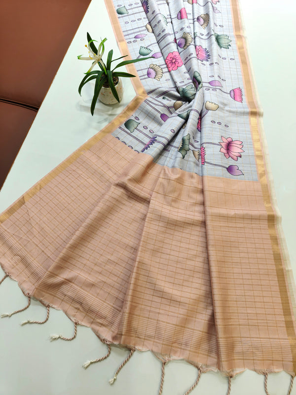 Soft Tussar Check Silk Saree - CHIKU