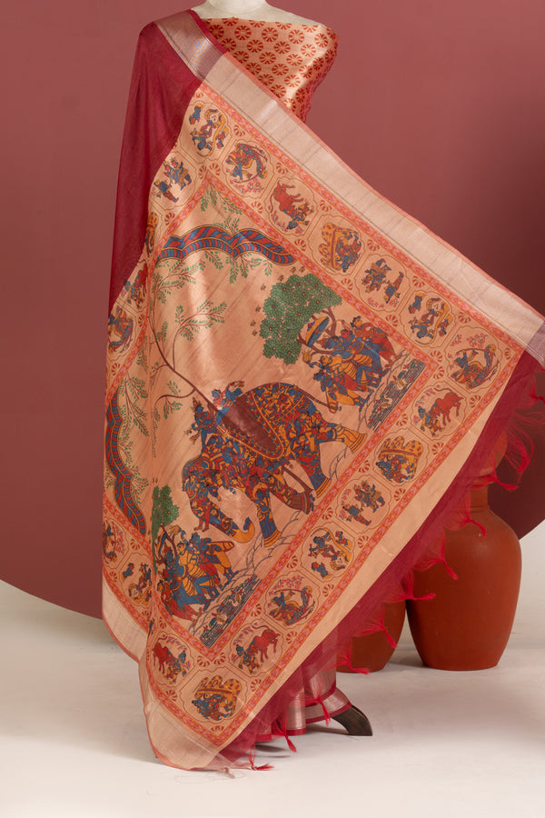Soft Raw Silk Kalamkari Printed Pallu - BROWN