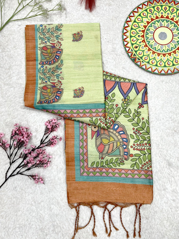 Tussar Silk Madhubani Print Saree - PISTA