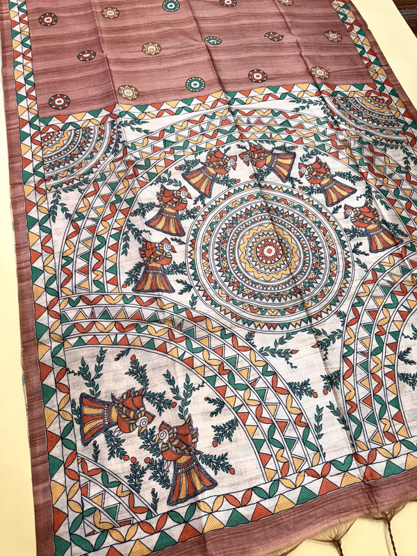 Tussar Silk Madhubani 103- PEACH