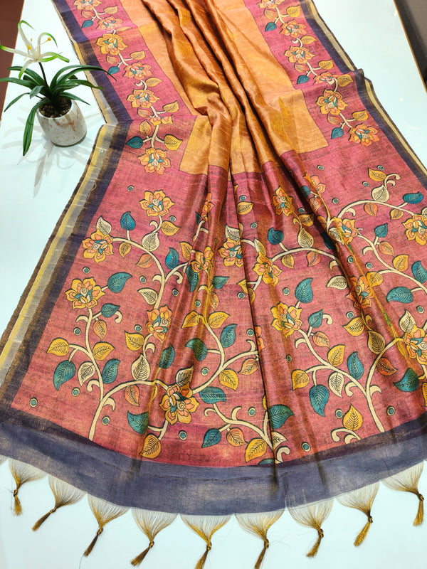 Tissue Tussar Zari Flower Pallu Saree - ORANGE