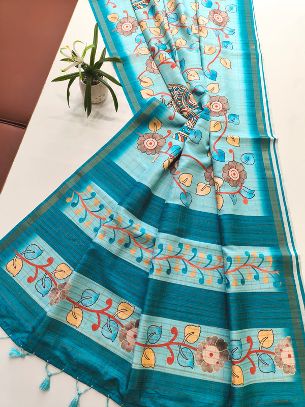 Soft Tussar Checks Kalamkari Silk Saree - BLUE