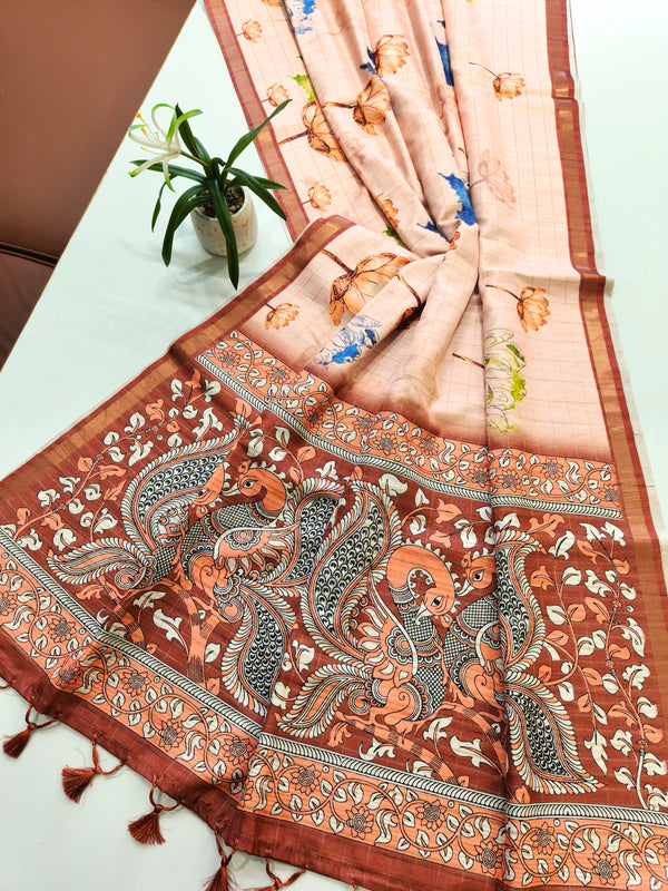 Soft Tussar Checks Saree With Kalamkari Print Saree - BROWN