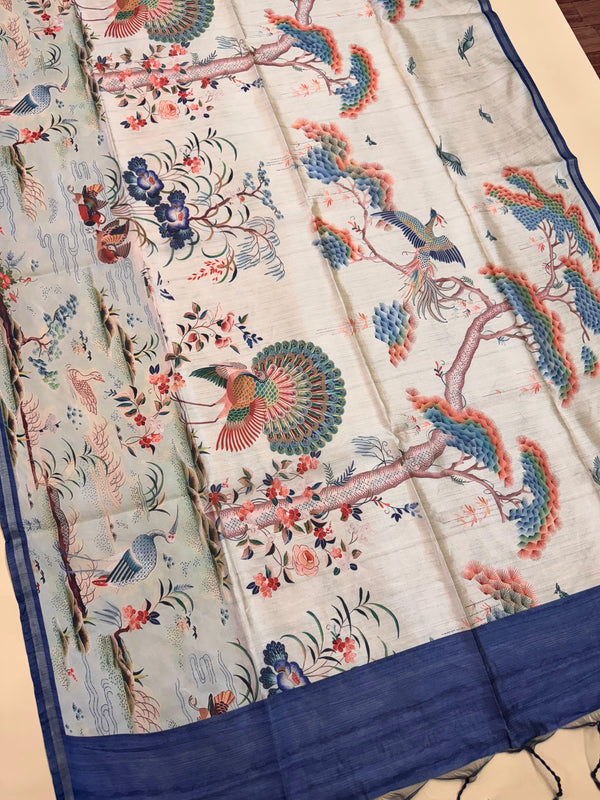 Mallai Silk Peacock Floral Print Saree - BLUE