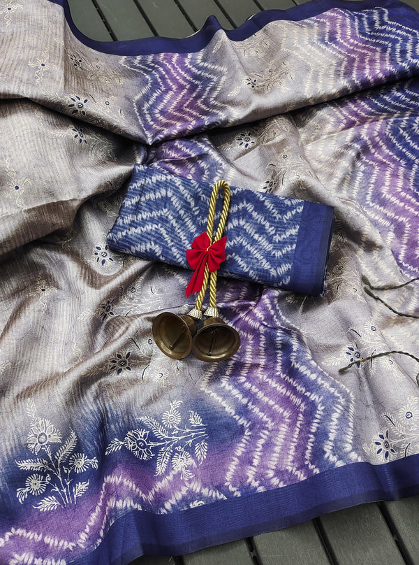 Soft Tussar Silk Saree with floral print -BLUE