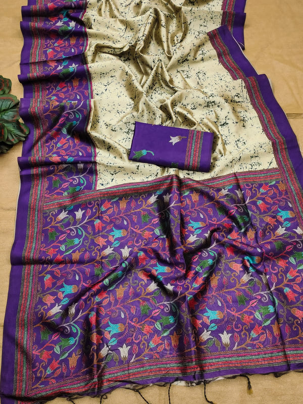 Soft Tussar Silk Saree with beautiful floral print -BLUE