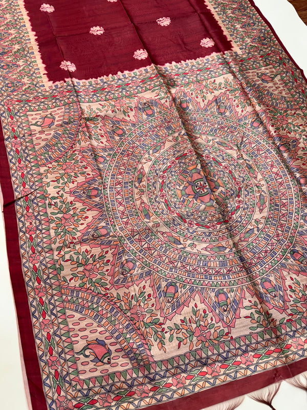 Tussar Silk Madhubani 101 - MAROON