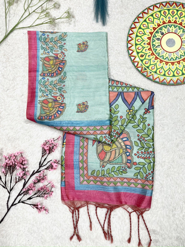 Tussar Silk Madhubani Print Saree - FIROZI