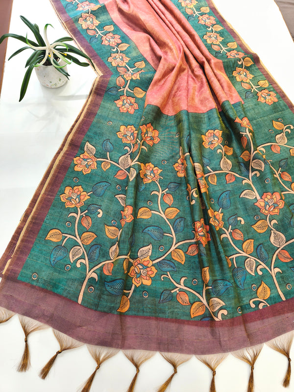 Tissue Tussar Zari Flower Pallu Saree - PEACH
