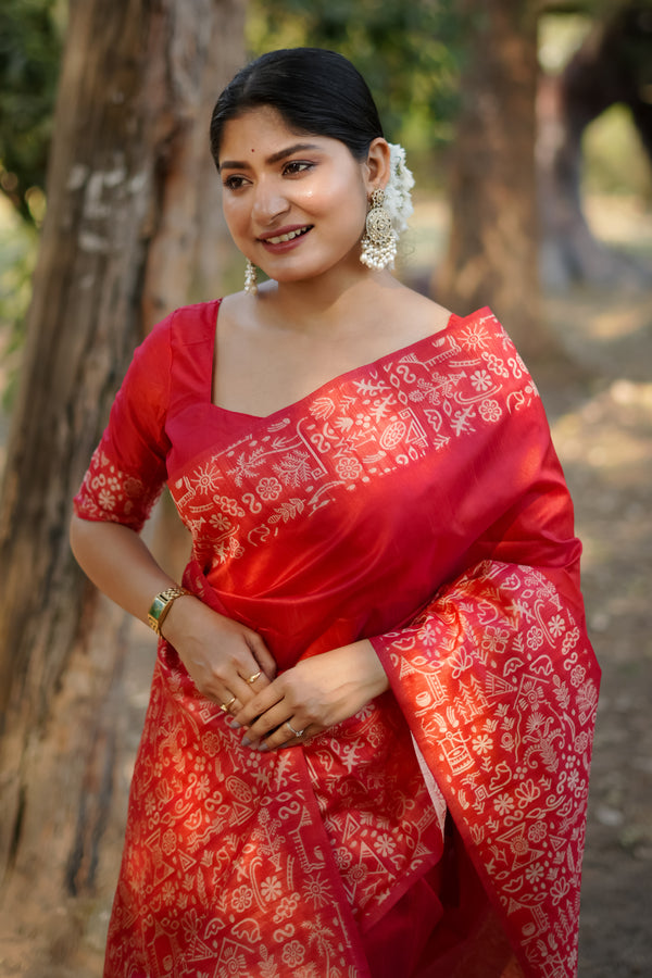 Handloom raw silk saree - RED