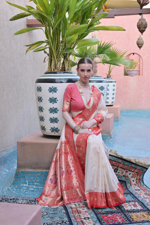 WHITE PAITHANI SILK WOVEN SAREE