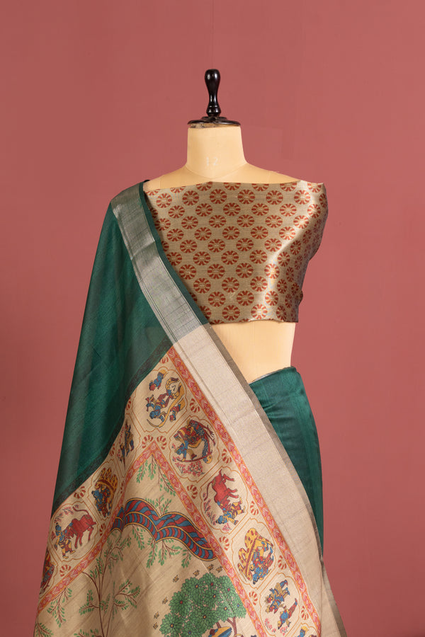 Soft Raw Silk Kalamkari Printed Pallu - GREEN