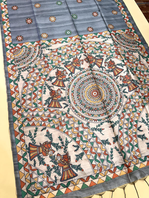 Tussar Silk Madhubani 103 - GREY