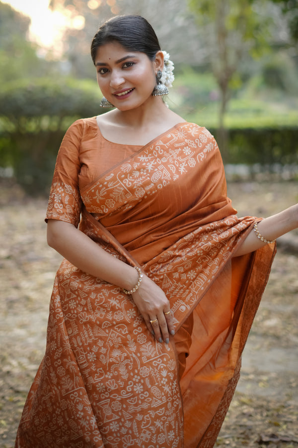Handloom raw silk saree - ORANGE