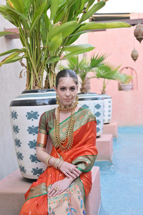 ORANGE PAITHANI SILK WOVEN SAREE