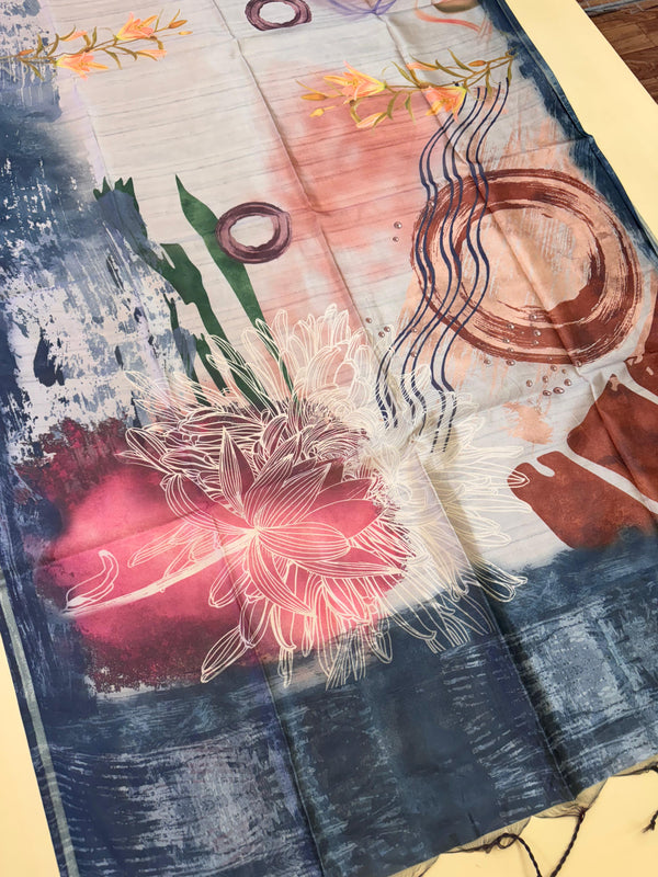 Mallai Silk Floral Print Saree - BLUE