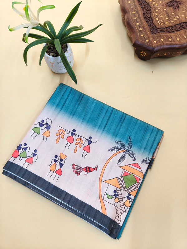 Tussar Silk Saree With  Warli Print Pallu - Firozi