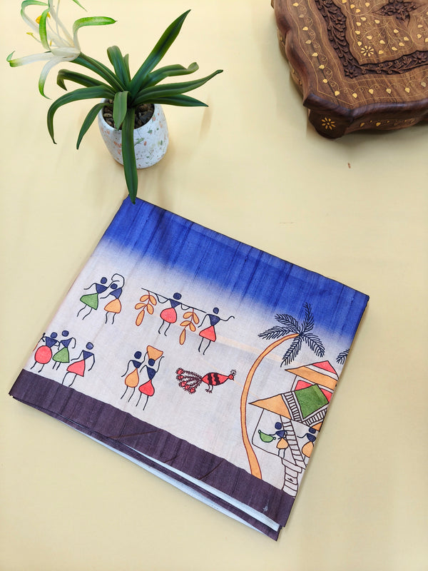Tussar Silk Saree With  Warli Print Pallu - Blue