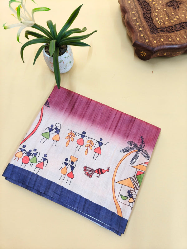 Tussar Silk Saree With  Warli Print Pallu - Red