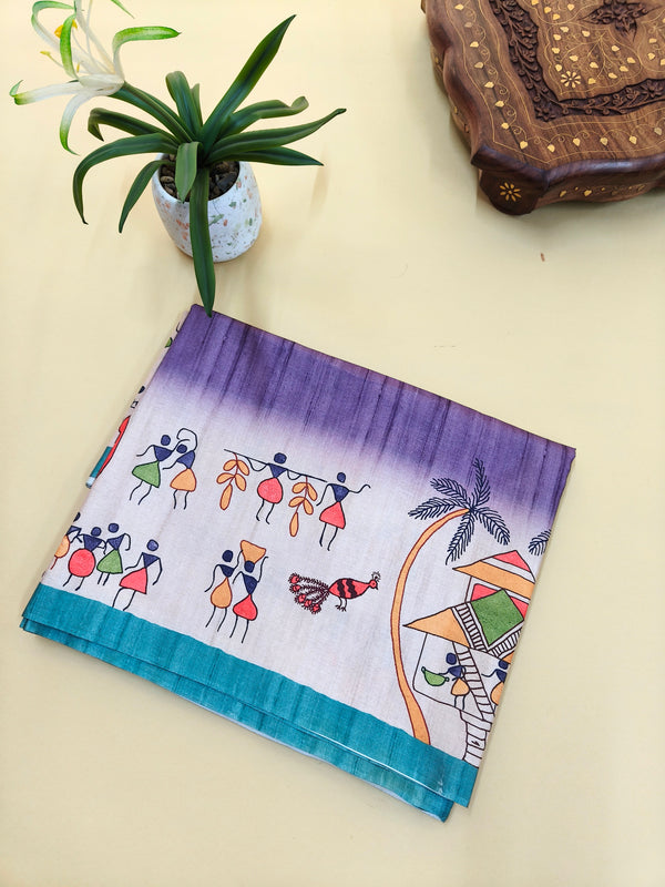 Tussar Silk Saree With  Warli Print Pallu - Purple