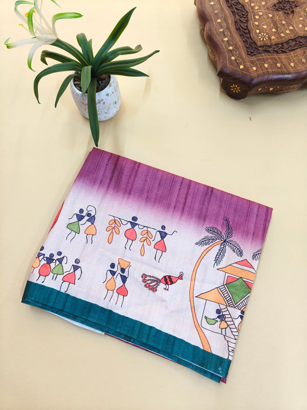 Tussar Silk Saree With  Warli Print Pallu - Wine