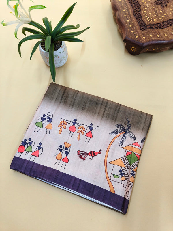 Tussar Silk Saree With  Warli Print Pallu - Mehndi