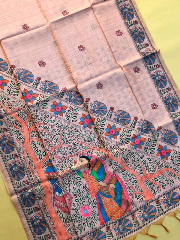 Tussar Silk Kalamkari Print Saree - PEACH