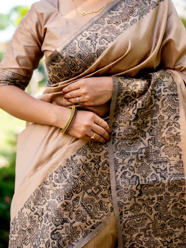 Handloom raw silk saree - CHIKU