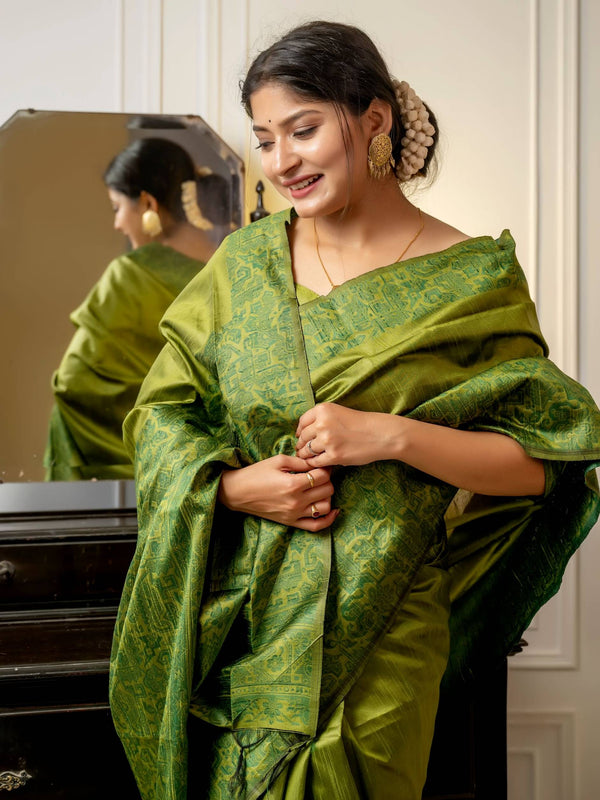 Handloom raw silk saree - MEHENDI