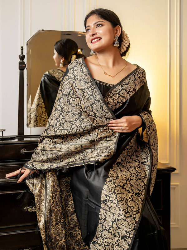Handloom raw silk saree - BLACK