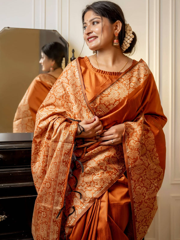 Handloom raw silk saree - ORANGE